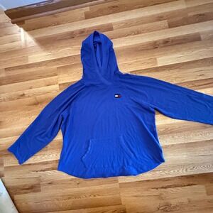 Tommy Hilfiger Sport Hoodie 1X Blue Waffle Knit Pullover Plus Size‎ Logo